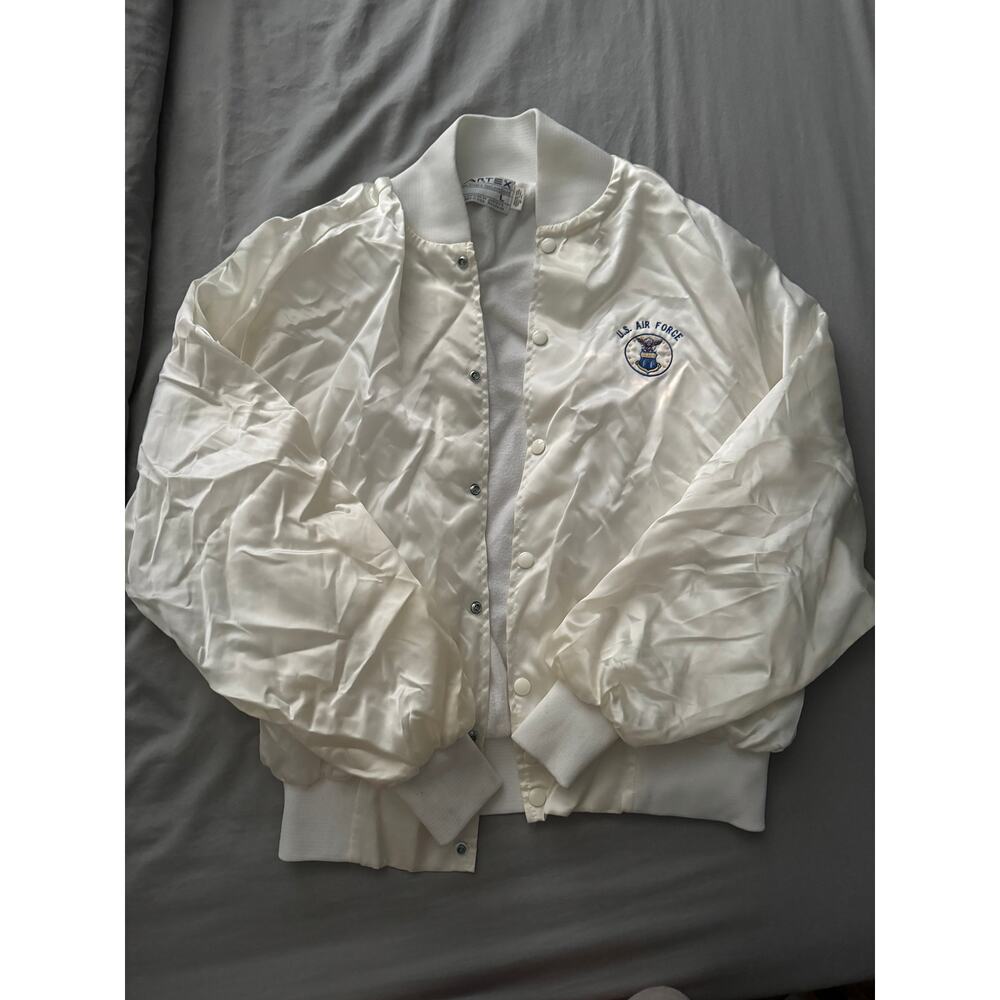 VTG Air Force Jacket Satin Bomber‎ White Artex USA MILITARY A.F.B sz L